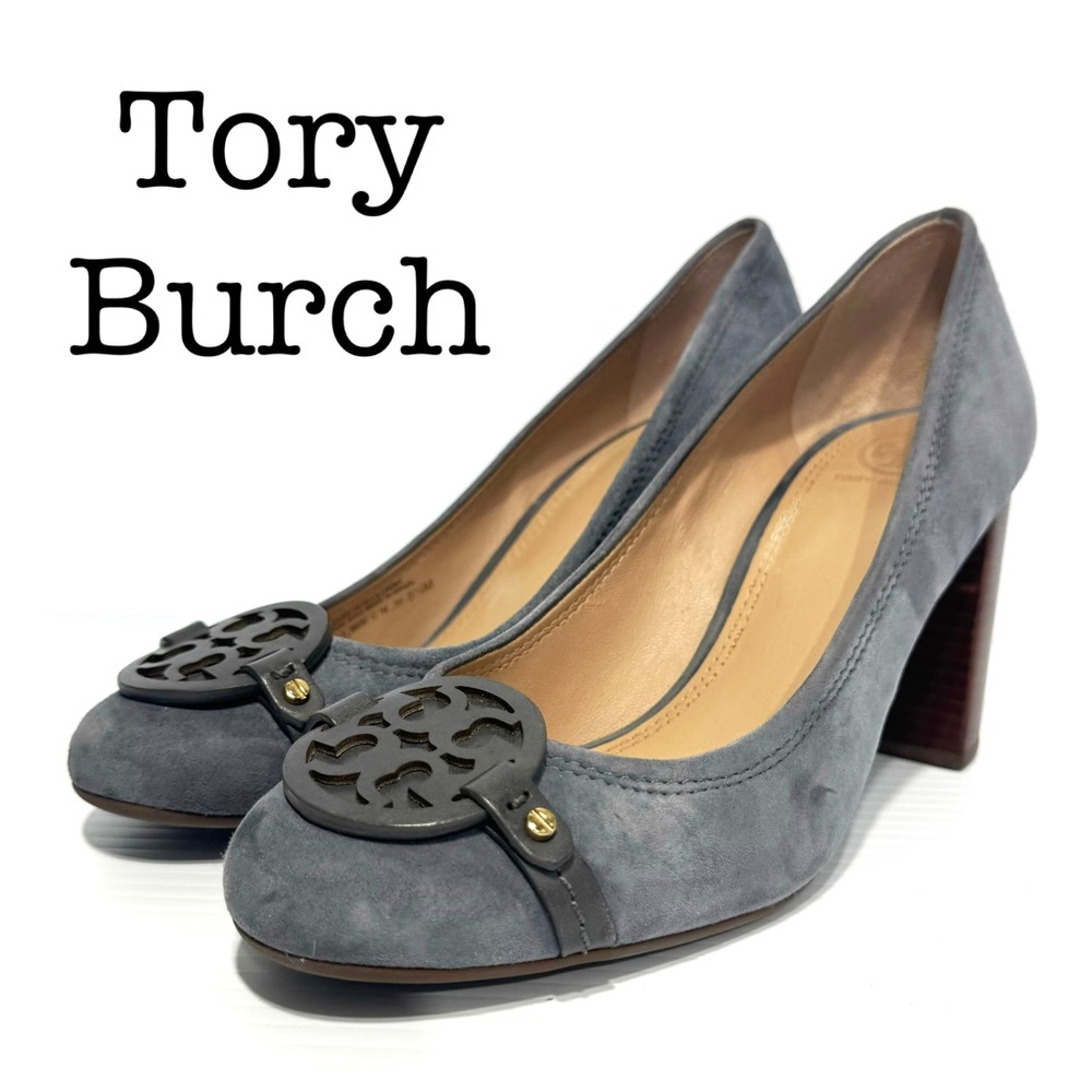 Tory Burch Mini Miller Gray Suede Logo Heels Size 8 1/2